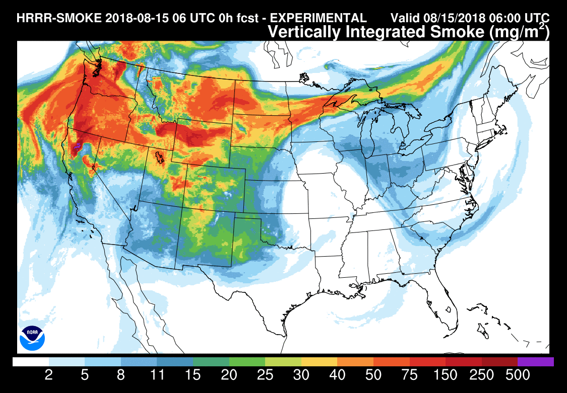 NOAA Satellite Model of Wildfire Smoke Movement Across the United States