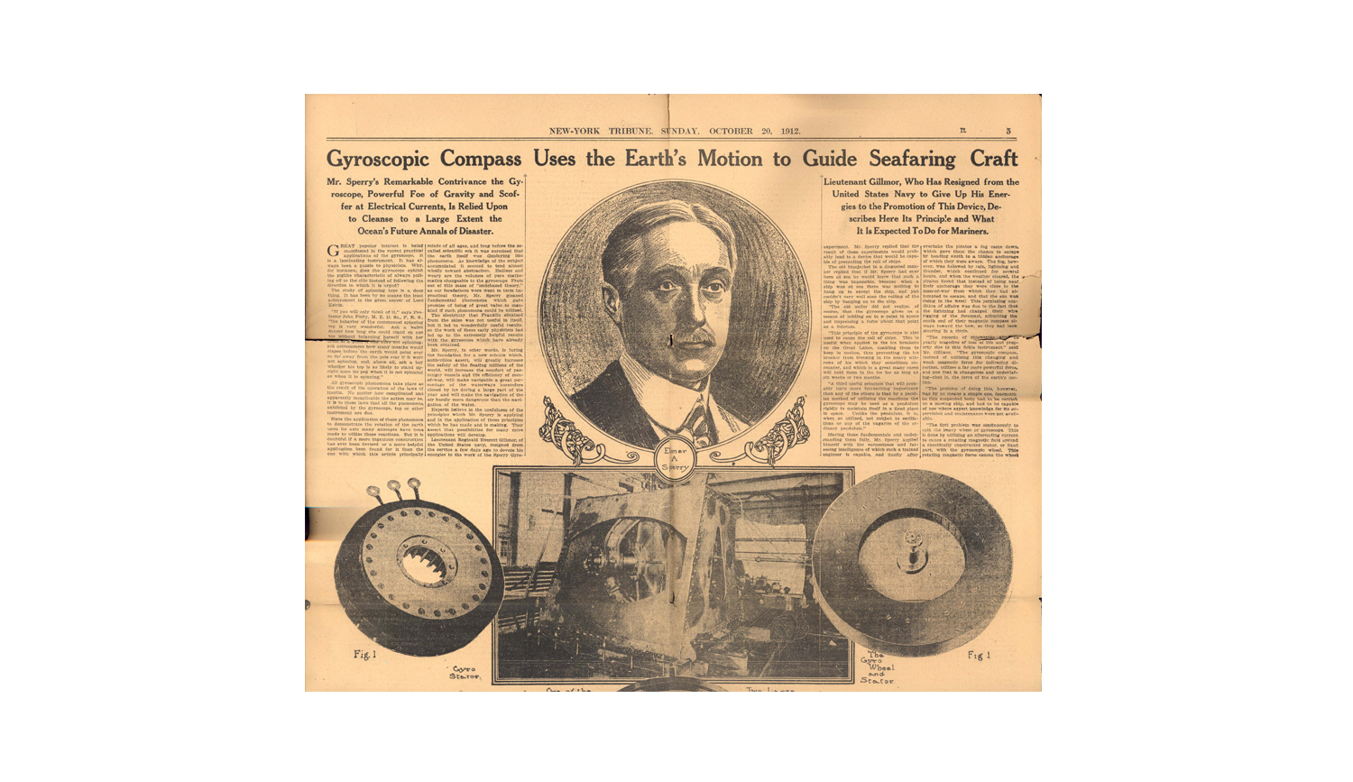 An old news article featuring Elmer A Sperry and his gyro-compass