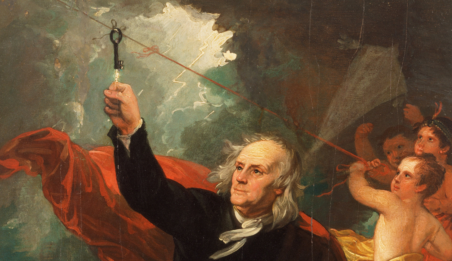 Painting of Benjamin Franklin Drawing Electricity from the Sky, by Benjamin West. Oil on slate, circa 1816. 