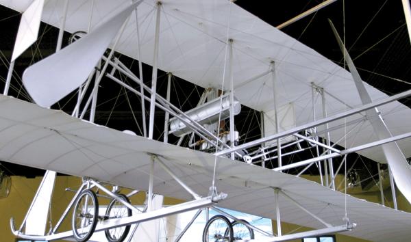 The 1911 Wright Model B Flyer artifact in the Franklin Airshow exhibit at The Franklin Institute.