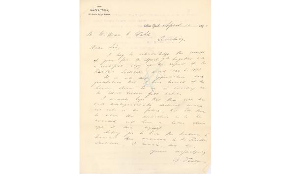 Nikola Tesla Letter, to William H. Wahl, Acknowledging receipt of The Franklin Institute Committee on Science and the Arts report and expressing appreciation for the Cresson award, 4/10/1894