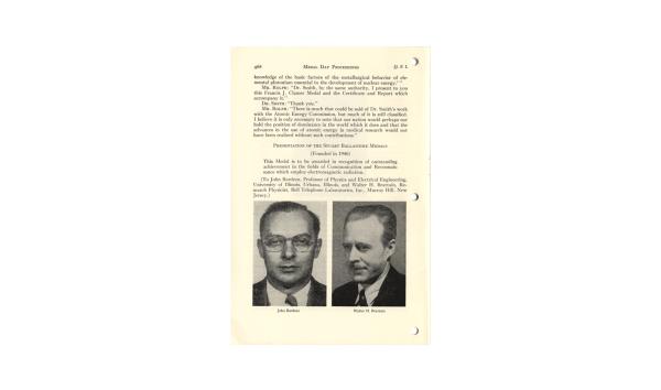 "Medal Day Proceedings;" an article reprinted from The Journal of The Franklin Institute, Vol. 254, No. 6, December, 1952