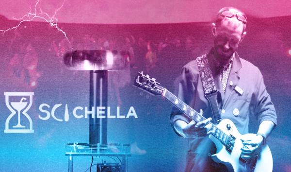 Science Interpreter playing guitar with Sci-Chella logo