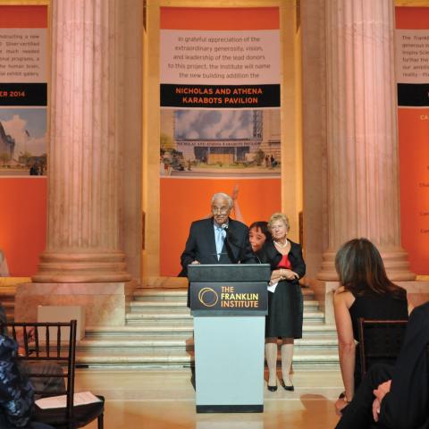 Nicholas and Athena speaking to donors, friends, TFI staff and volunteers, about the new Pavilion.