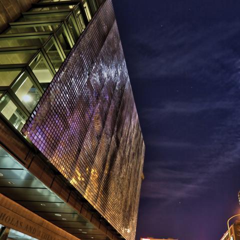 The Shimmer Wall at night, facing Race Street.