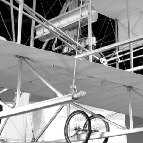 The Wright Flyer plane on display at The Franklin Institute