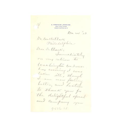 Page 1 of 2: Jenkins Letter: To Walton Clark, thanking the Institute for its hospitality and for the honor bestowed on him, 12/24/1913