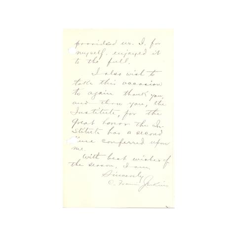 Page 2 of 2: Jenkins Letter: To Walton Clark, thanking the Institute for its hospitality and for the honor bestowed on him, 12/24/1913