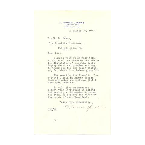 Jenkins Letter: To R.B. Owens, accepting invitation to attend medal ceremony on 12/17, 11/29/1913