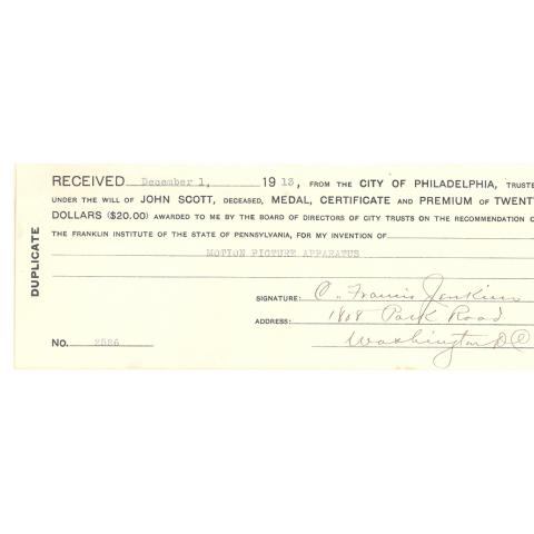 Premium Receipt: Certificate and Premium of Twenty Dollars to C. Francis Jenkins for the John Scott Award, Received 12/1/1913