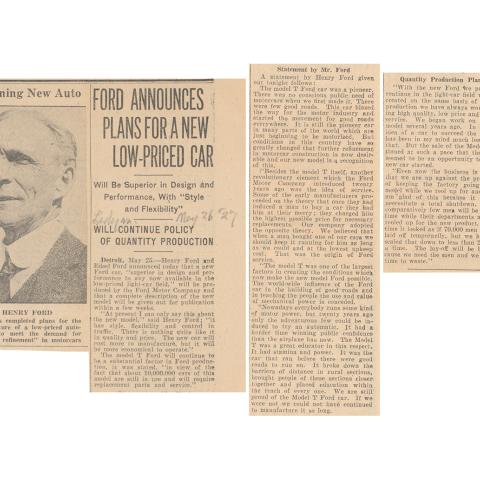 Newspaper clipping announcing the introduction of a new car model, 5/26/1927.