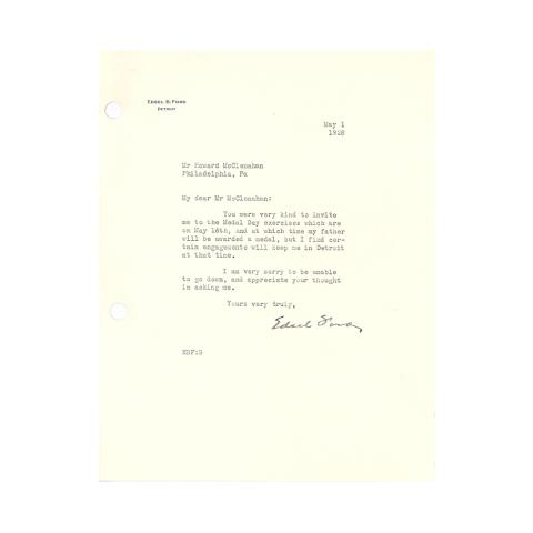Edsel B. Ford letter, to Howard McClenahan, Appreciating the awards invitation and regretting inability to attend, 5/1/1928.
