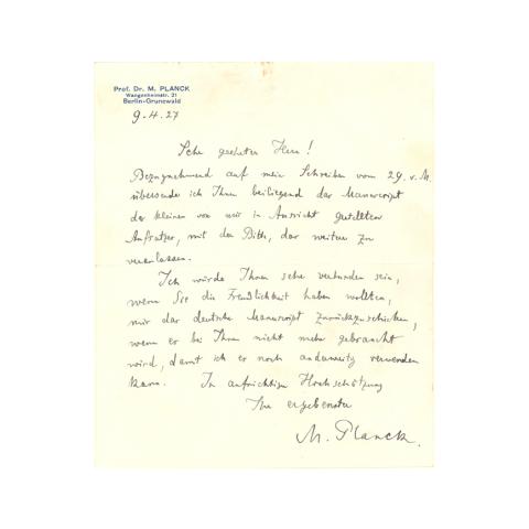 Handwritten letter from Planck. April 9, 1927.