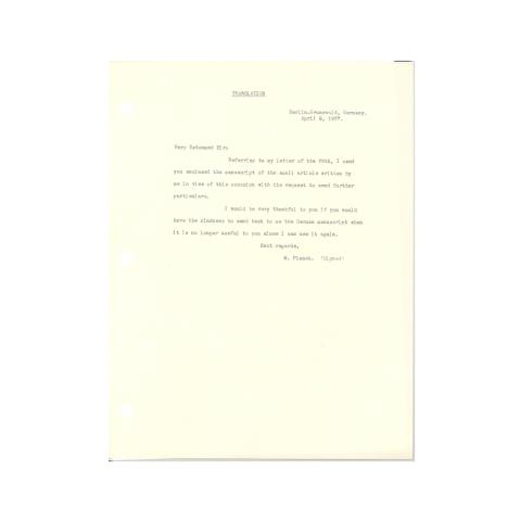 Translation of letter from Planck to Dr. Kiep in appreciation of his willingness to participate in the Medal Day Ceremony. April 22, 1927.