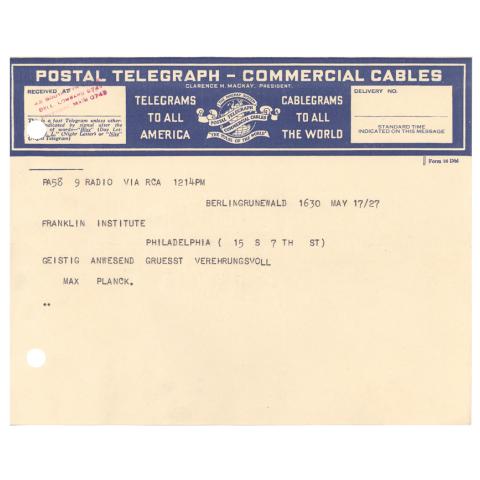 Telegram from Planck. (in German) May 17, 1927.