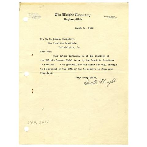Letter from Orville Wright to R.B. Owens, Expressing gratitude for the award and promising attendance at the award ceremony, 3/14/1914