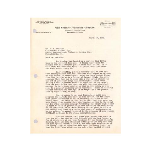A letter written by Elmer A. Sperry discussing his Electric Searchlight