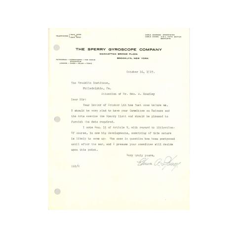 A letter written by Elmer A. Sperry addressing the Franklin Institute