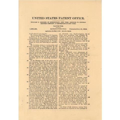 1st page out of 8 of US Patent No. 1,203,495 to William D. Coolidge. Vacuum Tube, 10/31/1916.