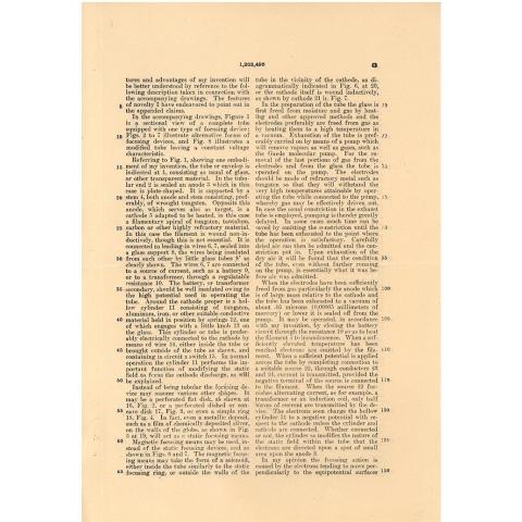 3rd page out of 8 of US Patent No. 1,203,495 to William D. Coolidge. Vacuum Tube, 10/31/1916.