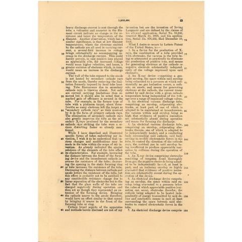 5th page out of 8 of US Patent No. 1,203,495 to William D. Coolidge. Vacuum Tube, 10/31/1916.