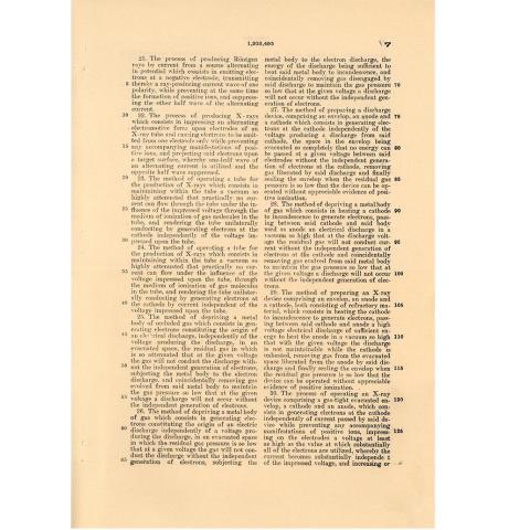 7th page out of 8 of US Patent No. 1,203,495 to William D. Coolidge. Vacuum Tube, 10/31/1916.