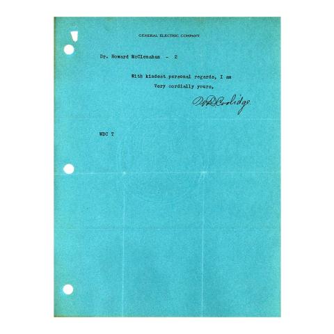 2nd page out of 2 William D. Coolidge to Howard McClenahan, Accepting the Potts Medal award and promising presence and a scientific paper presentation at the ceremony, 7/2/1926.