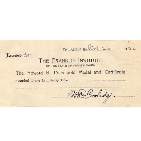 From William D. Coolidge, Signed receipt for the Howard N. Potts Medal and Certificate, 10/20/1926.