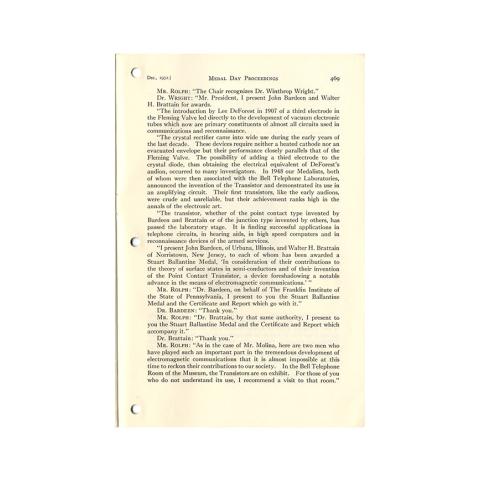 "Medal Day Proceedings;" an article reprinted from The Journal of The Franklin Institute, Vol. 254, No. 6, December, 1952