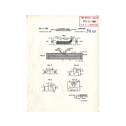 Page 1 of 14: Patent 2,524,035 for the "Three-Electrode Circuit Element Utilizing Semiconductive Materials;" 14 pages; 10/3/1950