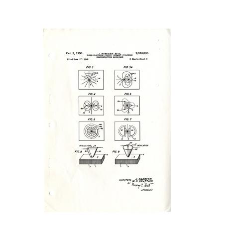 Page 2 of 14: Patent 2,524,035 for the "Three-Electrode Circuit Element Utilizing Semiconductive Materials;" 14 pages; 10/3/1950