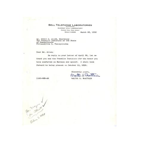 Letter to Allen from Brattain; Thanks The Franklin Institute for the award; 3/28/1952