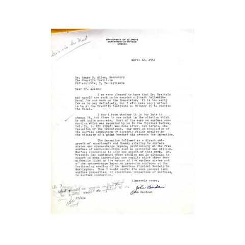 Letter to Allen from Bardeen; Acknowledges award, suggests a correction to the citation; 4/12/1952