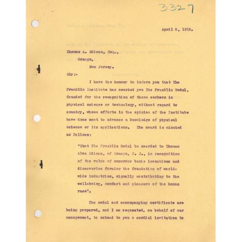 1st page out of 2 To Thomas A. Edison, Notifying of the Franklin Medal award and indicating May 19 ceremony date, 4/8/1915.