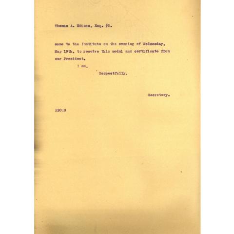 2nd page out of 2 To Thomas A. Edison, Notifying of the Franklin Medal award and indicating May 19 ceremony date, 4/8/1915.