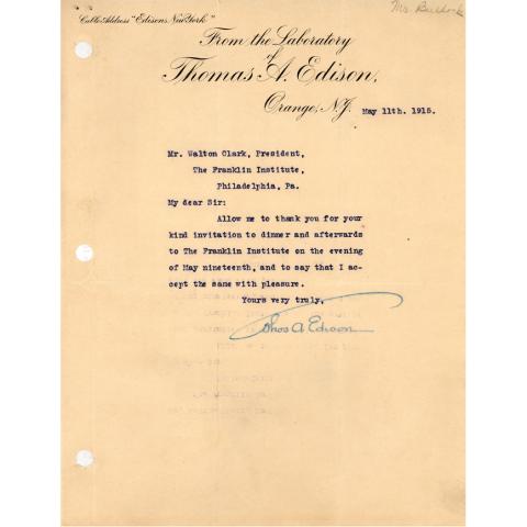 To Walton Clark, Accepting the invitation to dinner and the Franklin Institute Awards ceremony, 5/11/1915