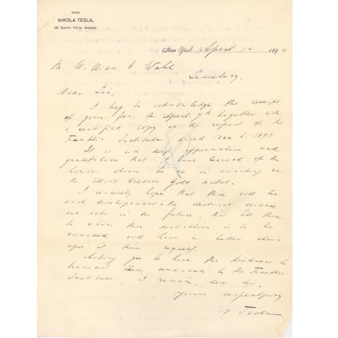 Nikola Tesla Letter, to William H. Wahl, Acknowledging receipt of The Franklin Institute Committee on Science and the Arts report and expressing appreciation for the Cresson award, 4/10/1894