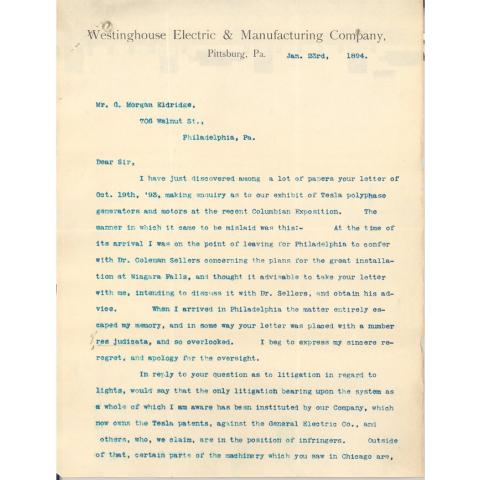 L.B. Stillwell (of Westinghouse Co.) Letter, to G. Morgan Eldridge, Responding to inquiry about exhibit of Tesla polyphase generators and motors at the recent Columbian Exposition, 1/23/1894.