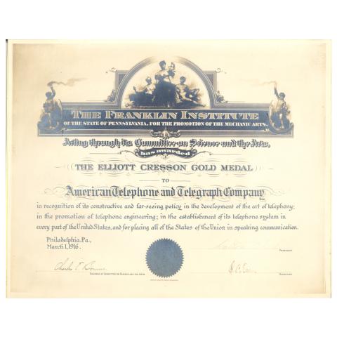 AT&T's Elliott Cresson Gold Medal Certificate, dated 3/1/1916.