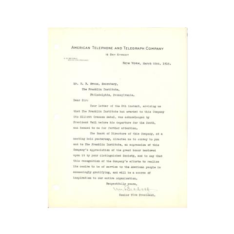 U.N. Bethell Letter to R.B. Owens (Secretary), In appreciation of great honor, 3/22/1916.