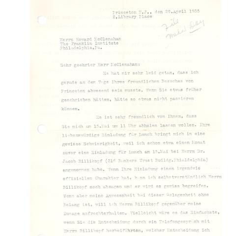 1st page of a 2-page letter from Dr. Einstein to Dr. McClenahan, signed "A. Einstein" (in German), 4/29/1935