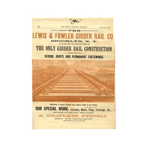 1st page out of 4 of the Street Railway Journal, Ad for Double Girder Lap Joint Track, Gibbon Duplex Street Railway Tracks, 9/1891.
