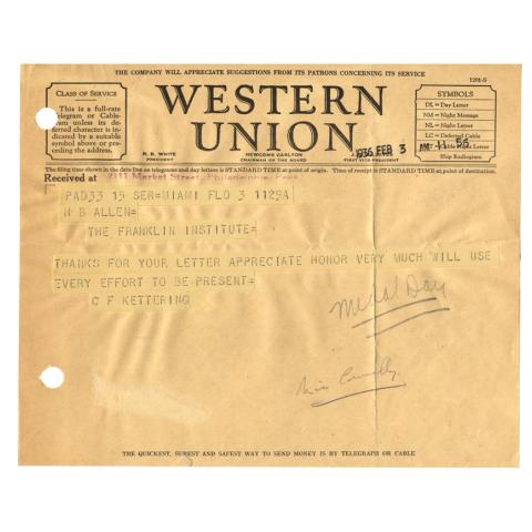 Telegram from C.F. Kettering to H.B. Allen, Acknowledging and appreciating the honor of the Franklin Medal award, 2/3/1936
