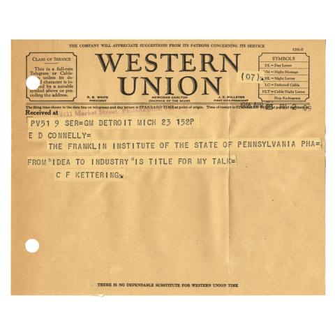 Telegram from C.F. Kettering to E.D. Connelly, Supplying address title: "Idea to Industry," 4/23/1936
