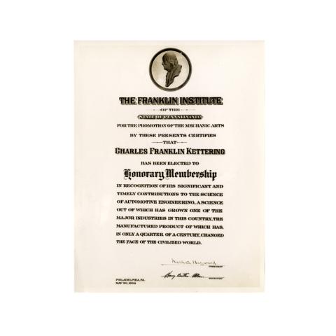 Certificate of Kettering's Honorary Membership in The Franklin Institute, 5/20/1936