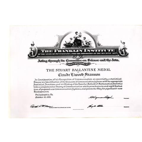 Photograph of Shannon's Stuart Ballantine Medal Certificate, 10/19/1955.