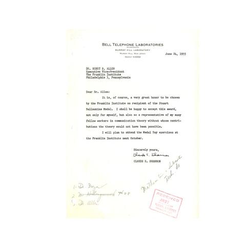 Letter to Allen from Shannon, thanking Allen for the Award, expresses plan to attend Medal Day; 6/24/1955.