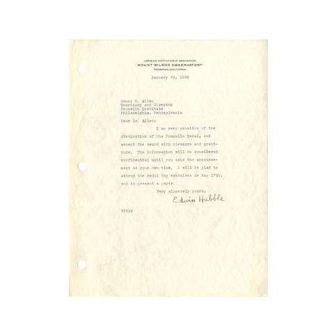 Letter from Edwin Hubble to Henry B. Allen, Accepting Franklin Award with "pleasure and gratitude," 1/30/1939 