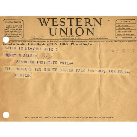 Telegram from Edwin Hubble to Henry B. Allen, "Will venture ten minute dinner talk and hope for best," 5/3/1939
