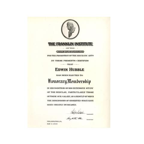 Honorary membership certificate to Edwin Hubble for recognition of his extensive study of the nebulae